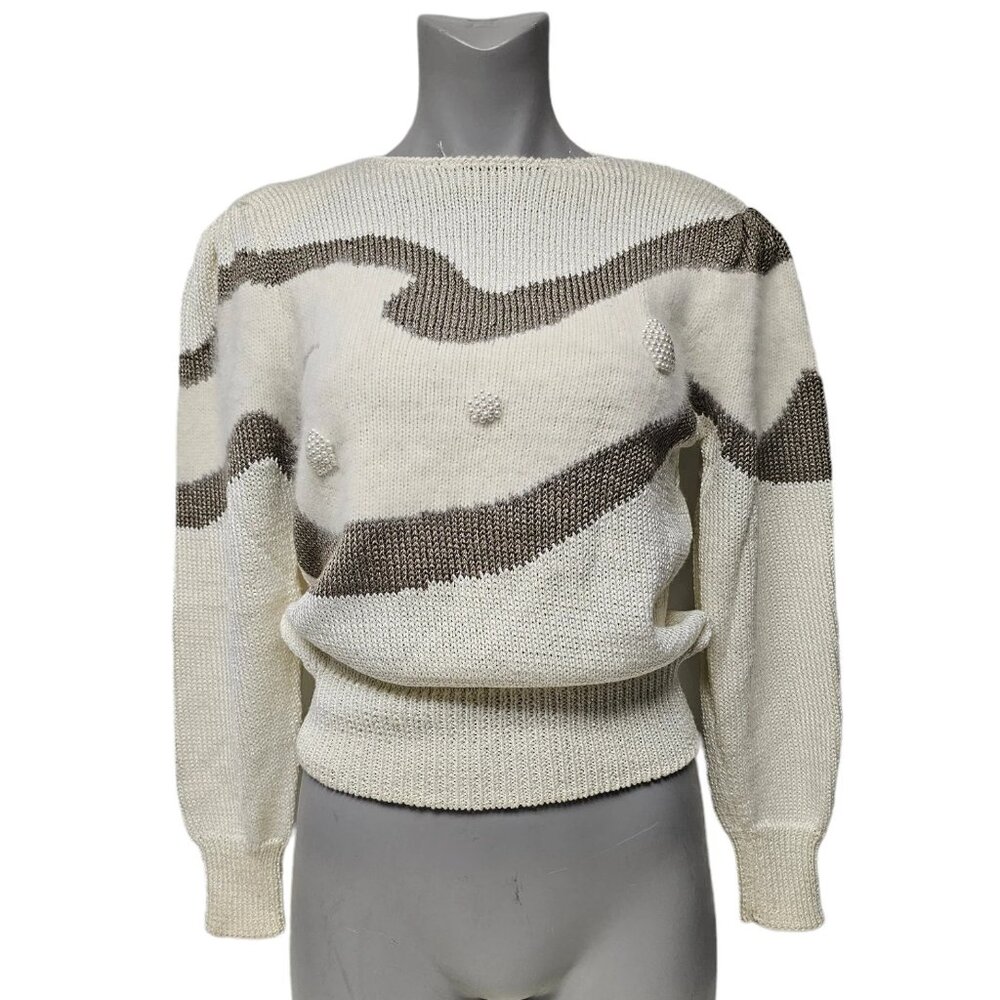 80s Cezanne white & gray wave design beaded angora rabbit hair sweater . M